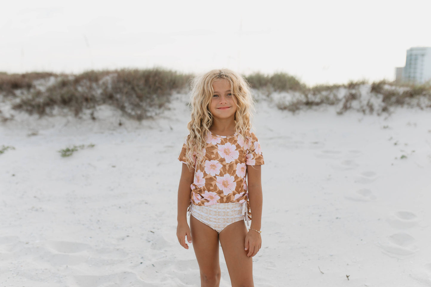 Girls Pink & Tan Tropical Flower Rash Guard Ruffle Swimsuit