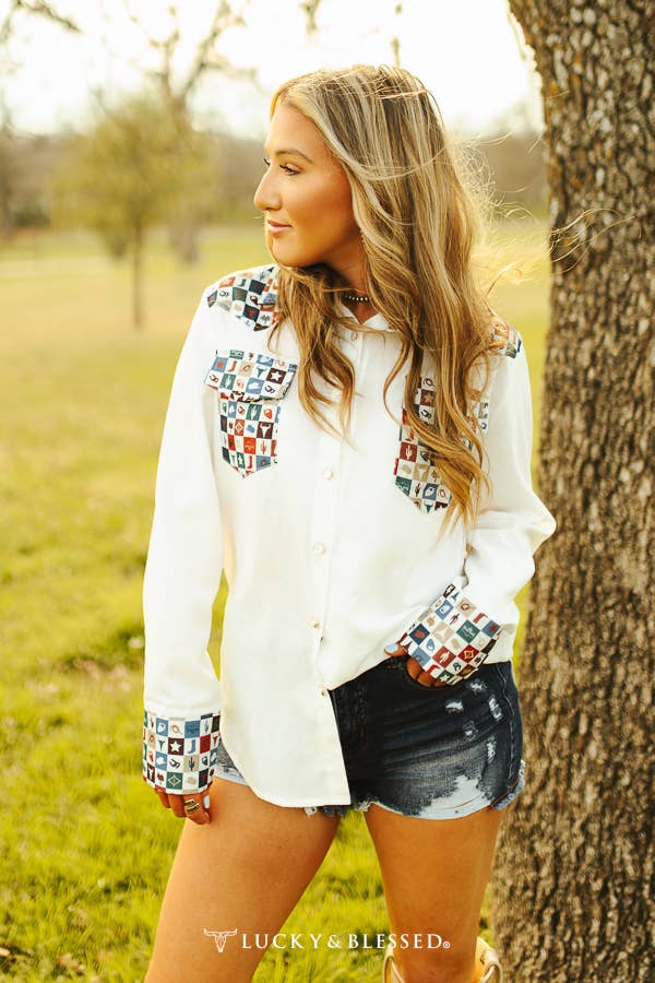 White Western Checkered Button Down Detail