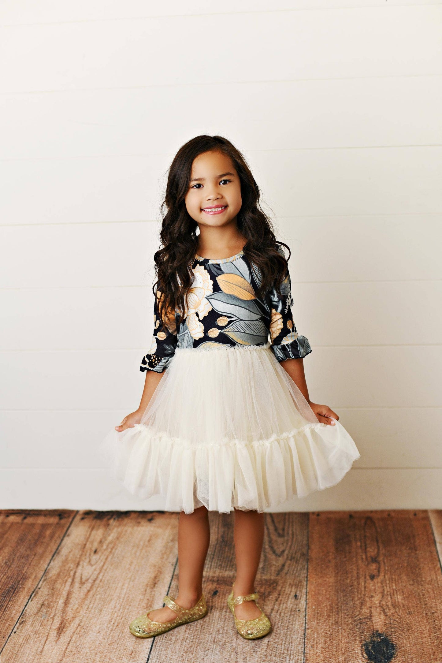 Kids Black & Cream Modern Floral Tulle Fall Winter Dress