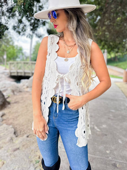 Ivory Boho Floral Crochet Open Front Vest with Tie