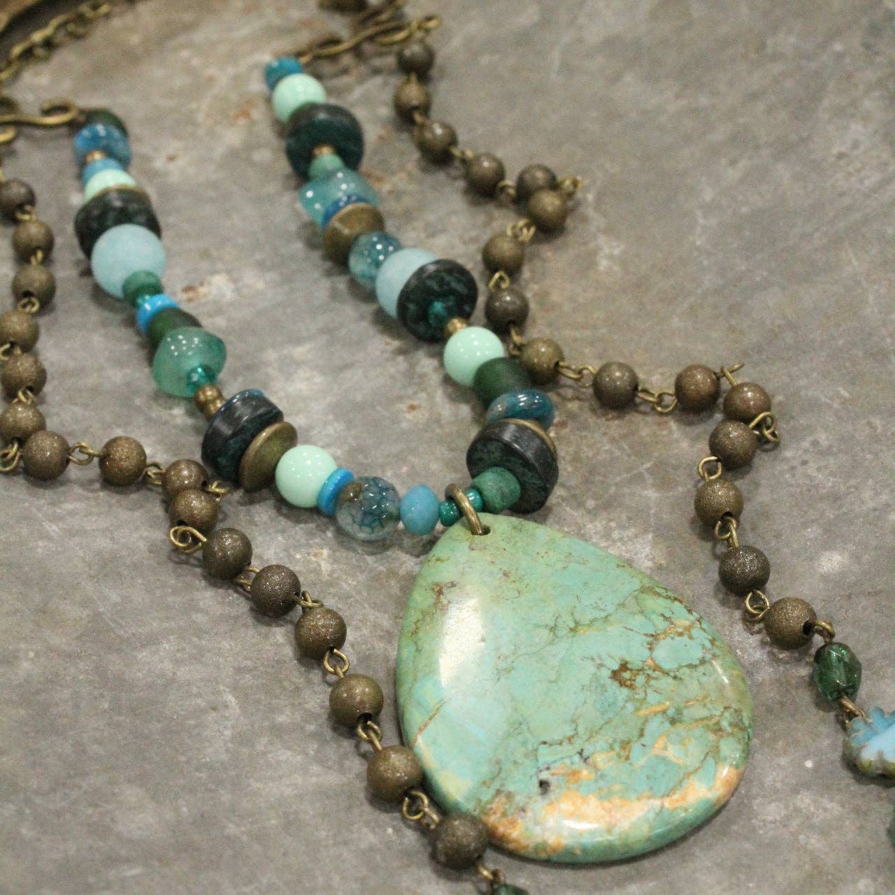 Czech Turquoise Picasso Flower Bead Necklace