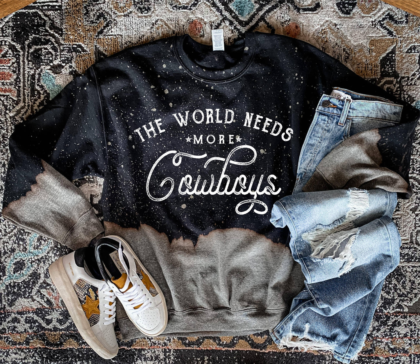 040 The World Needs More Cowboys Star Bleached Sweatshirt