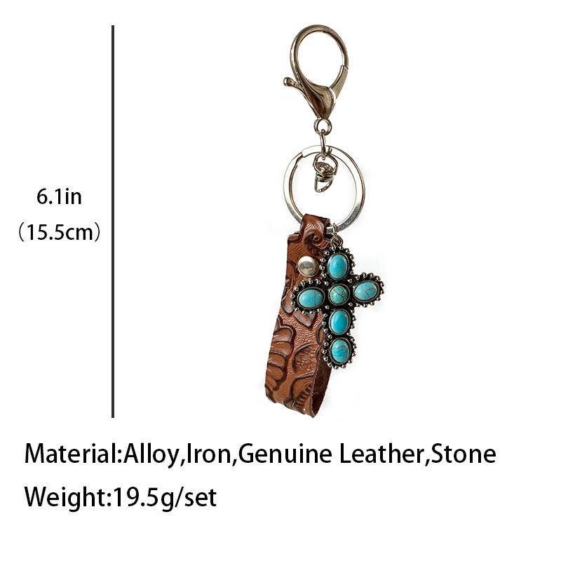 Leather Western Style Turquoise Pendant Keychains  - WJ