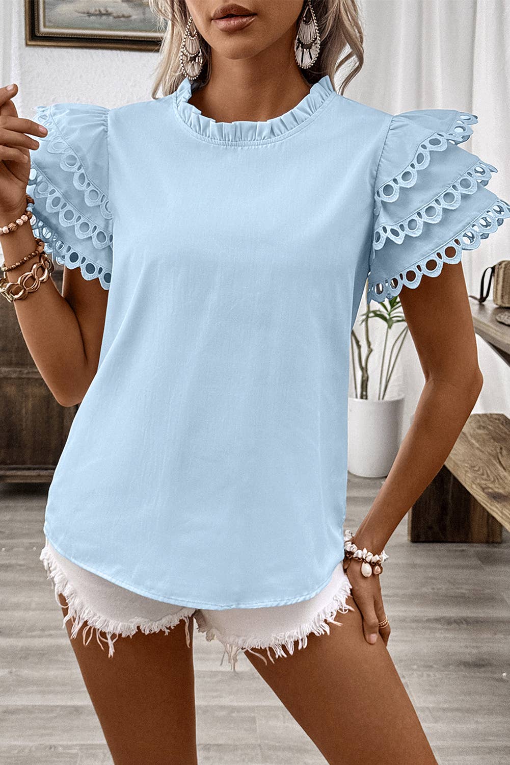 Layered Ric Rac Cap Sleeve Frilled Neck Blouse