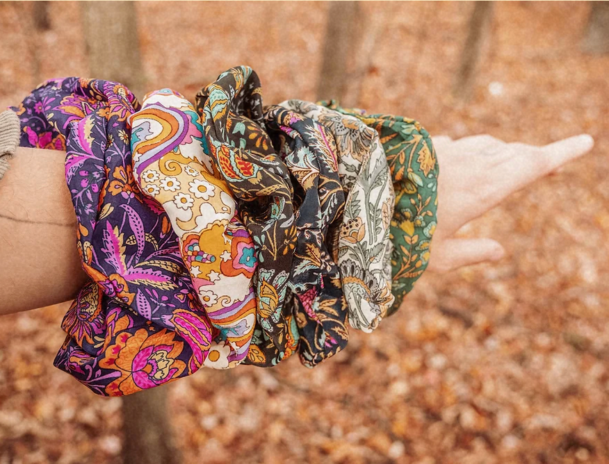 Boho Oversized Silk Floral Hair Scrunchies, Hippie Bohemian