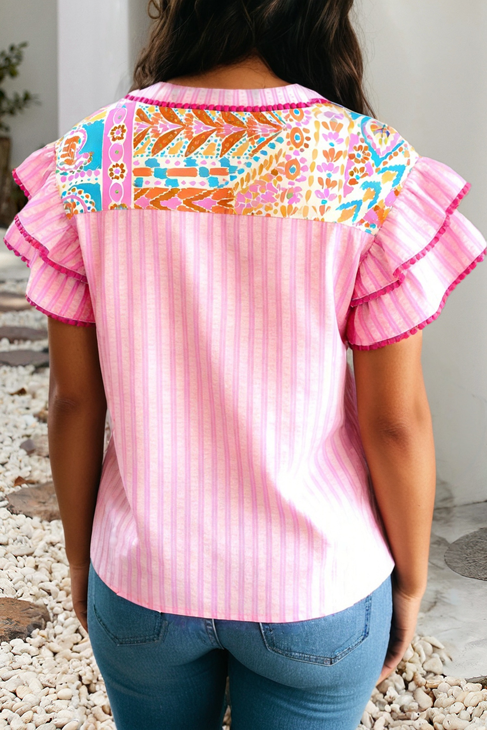Boho Contrast Trim Striped Patchwork Tiered Blouse|S-4X