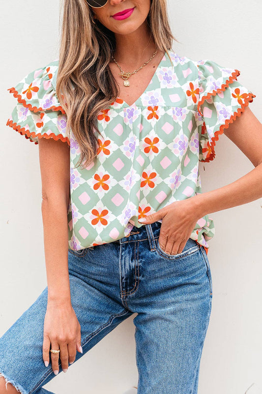 Geometric Floral Flutter Sleeve Summer Blouse