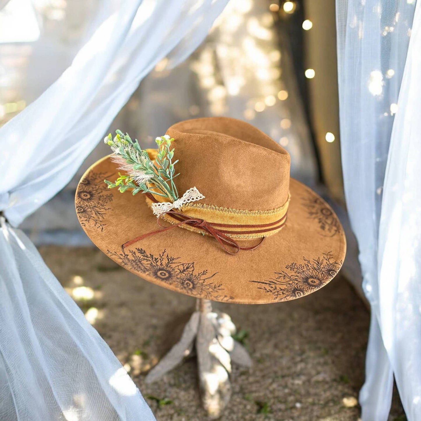 Suede Rancher Hat, Cowboy Hat | Sunflower Floral Brim