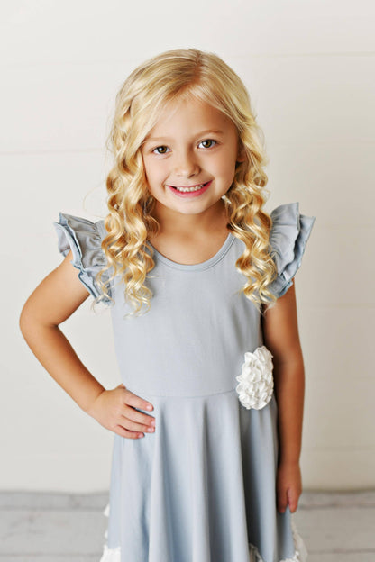 Kids Dusty Lavender Ruffles Flutter Sleeve Rosette Dress