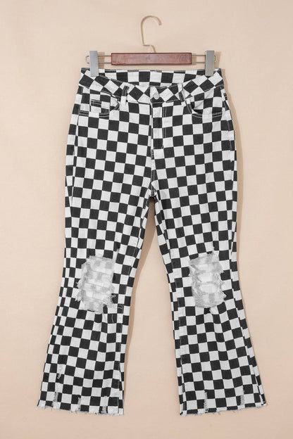 Checkerboard Print Distressed Holes Raw Edge Cropped Jeans