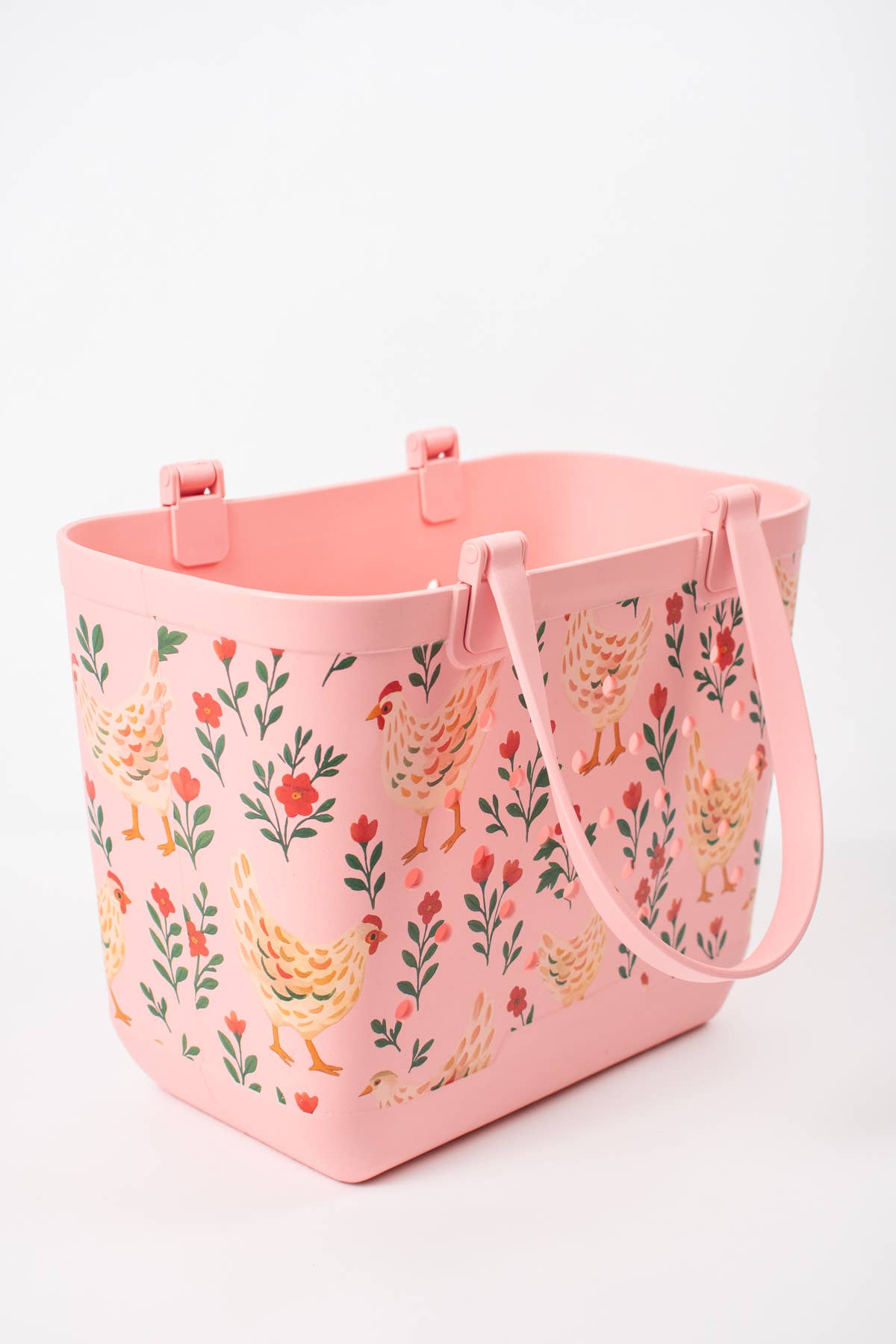 Pink Chickens & Blooms Rubber Beach Tote Bag -  Large
