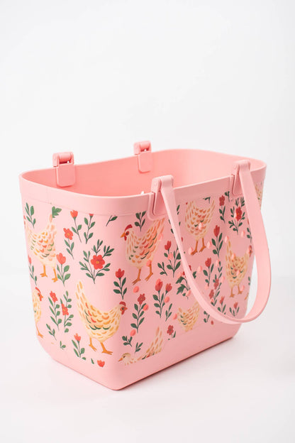 Pink Chickens & Blooms Rubber Beach Tote Bag -  Large