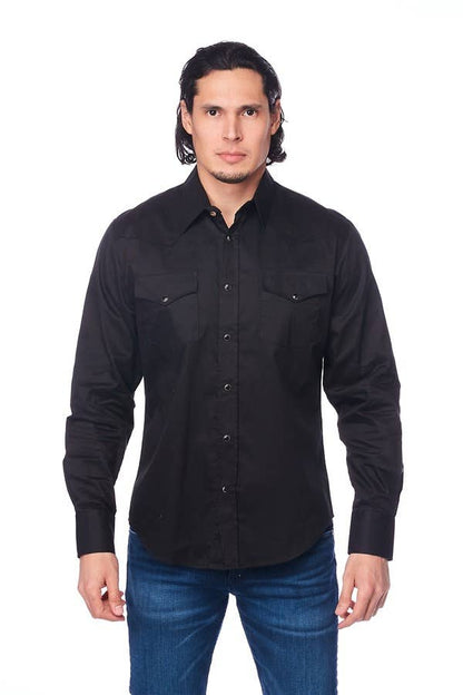 Men's Western Solid Twill Long Sleeves Snap Button Shirt