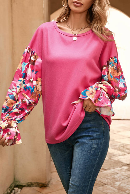 Pink Flower Patchwork Ribbed Knit Drop Shoulder Blouse