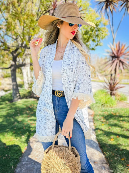 Ivory Boho Floral Printed Kimono with Fringe Trim