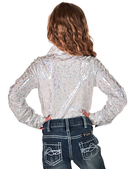 Girls White & Silver Iridescent Metallic Stretch Lightweight Pullover Button Up
