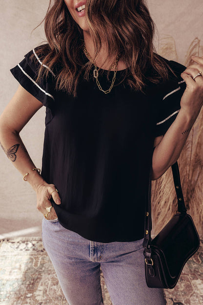 LDC Contrast Trim Dual Ruffle Short Sleeve Textured Blouse