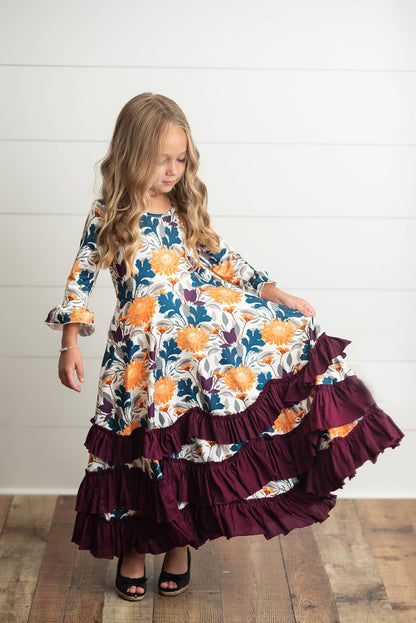 Kids Mustard & Plum Long Sleeve Fall Winter Ruffles Dress