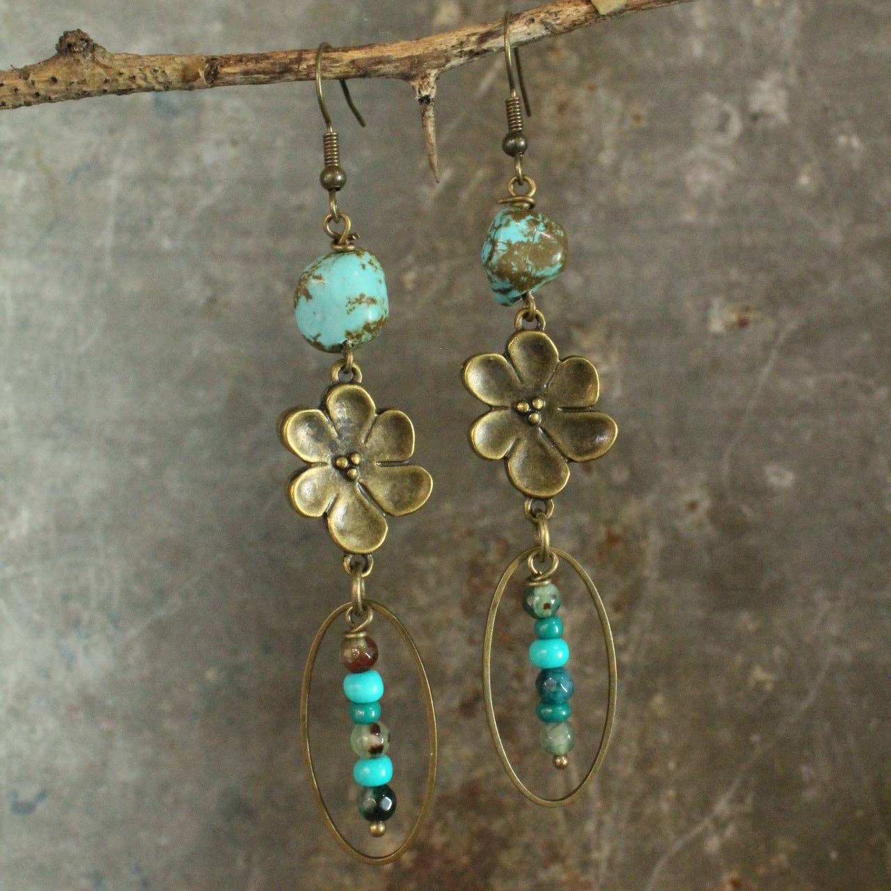 Bohemian Stone & Flower Drop Earrings