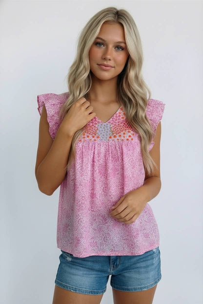 V NECK YOKE EMBROIDERY FLORAL PRINT BLOUSE