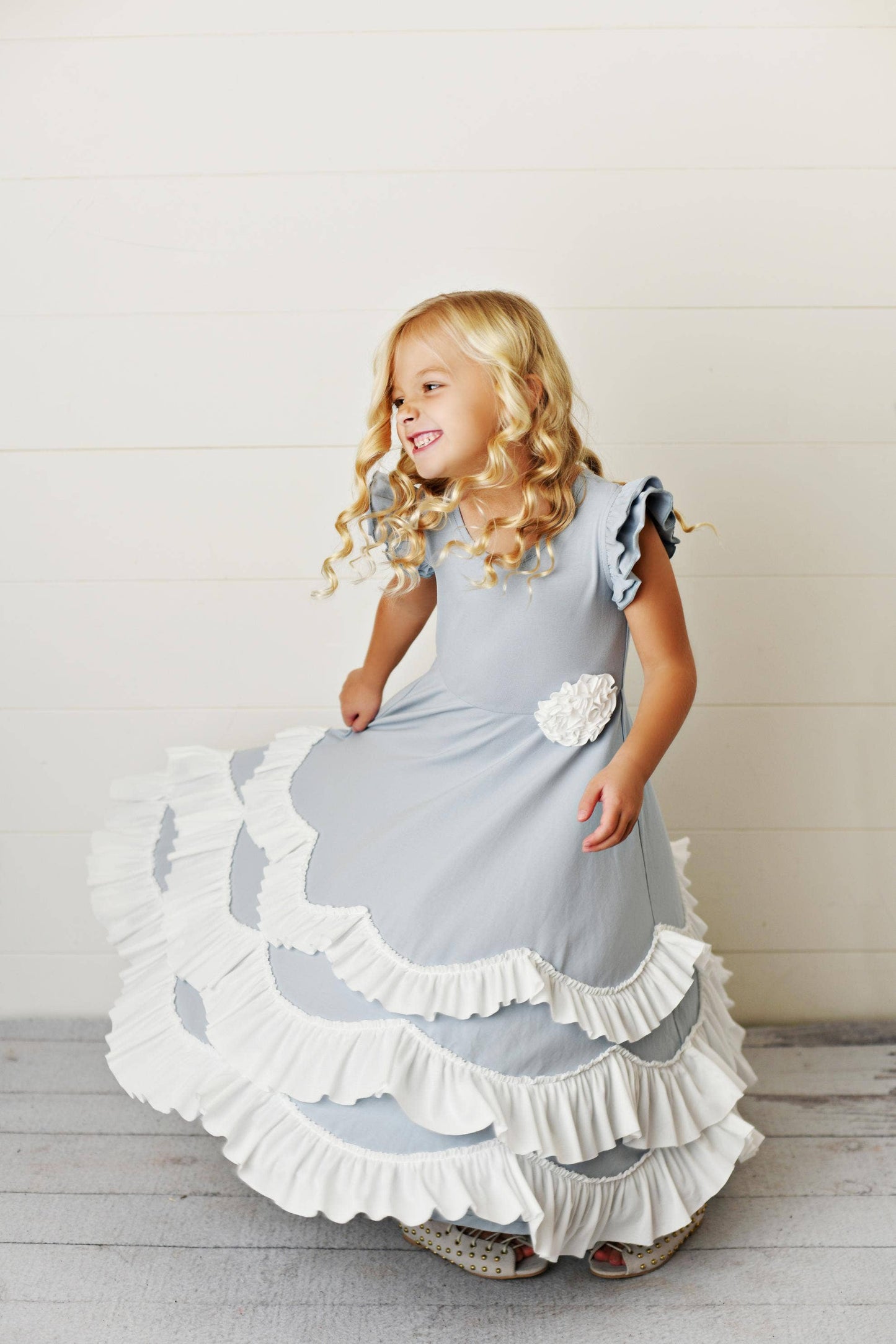 Kids Dusty Lavender Ruffles Flutter Sleeve Rosette Dress