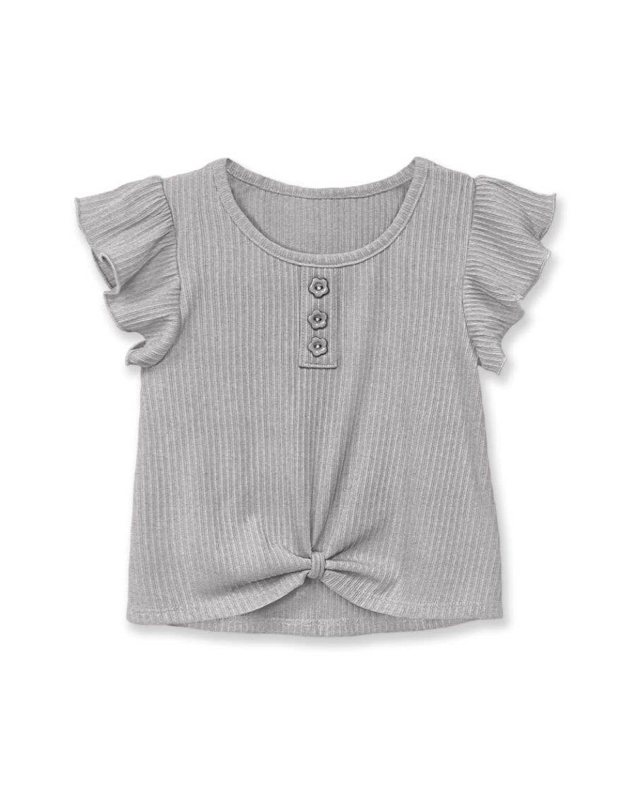 Girl's Ribbed Fashion Top w/ Front Knot Ruffle Sleeve