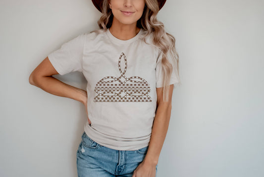 Checkered Boot Stitch Graphic Tee | Western Wear Cow Shirt