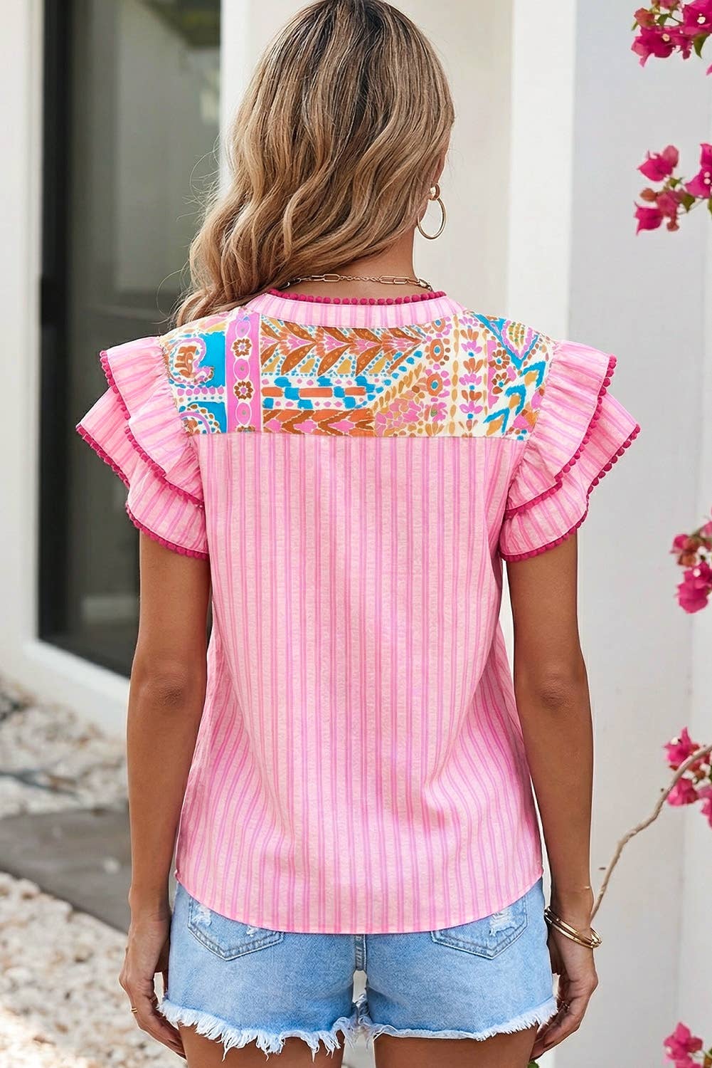 Boho Contrast Trim Striped Patchwork Tiered Blouse|S-4X