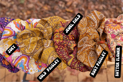 Boho Oversized Silk Floral Hair Scrunchies, Hippie Bohemian