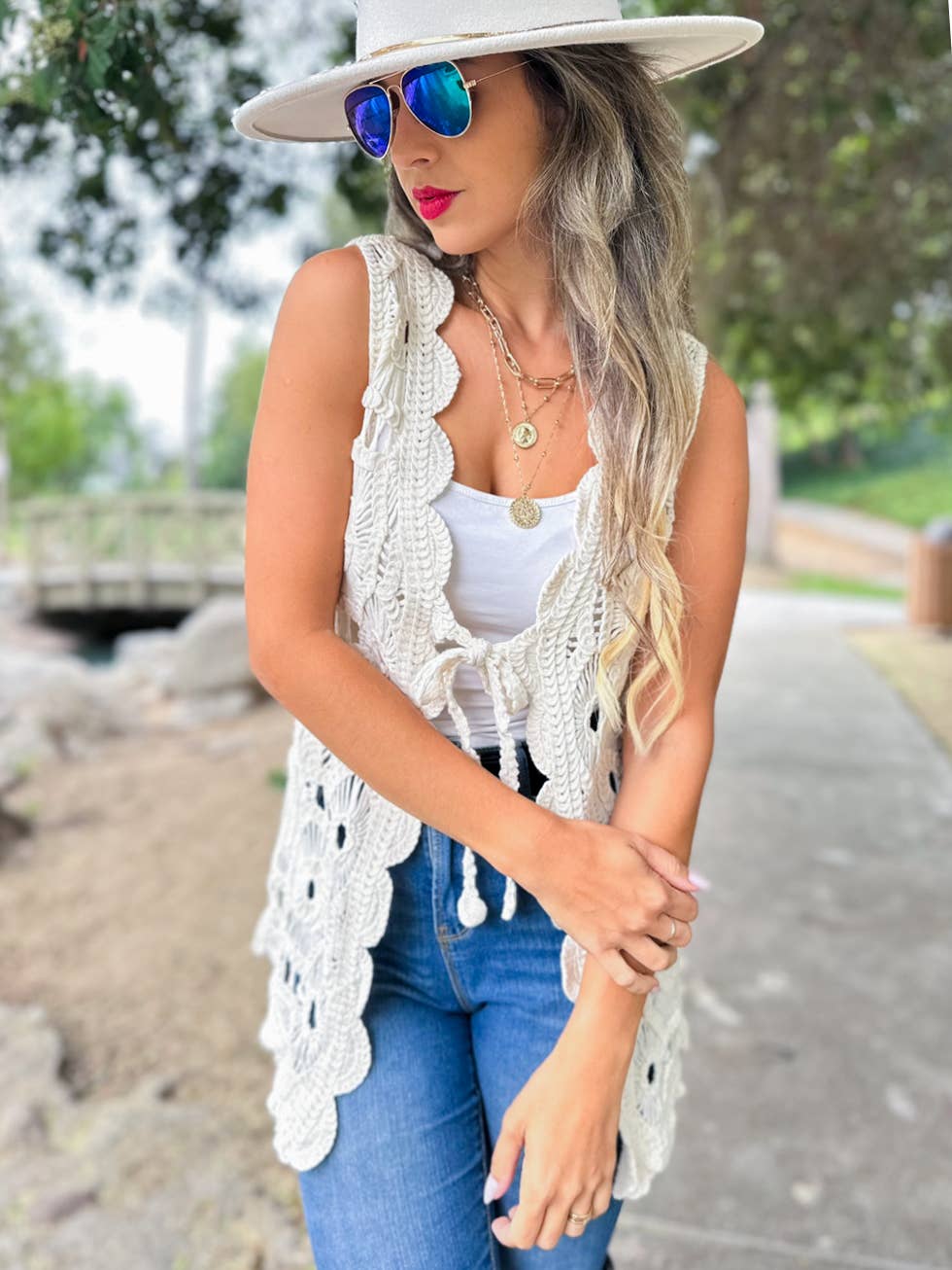 Ivory Boho Floral Crochet Open Front Vest with Tie