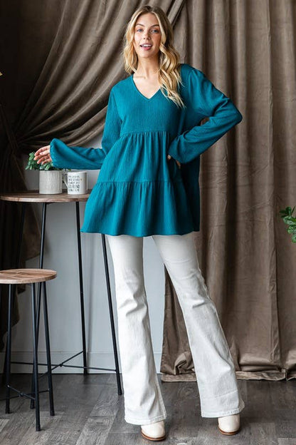 LONG PUFF SLEEVE V NECK SOLID TIERED TOP