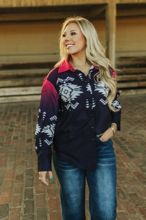 Plus Size Black Pink Ombre Aztec Printed Button Down Top