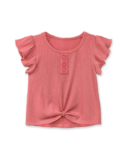 Girl's Ribbed Fashion Top w/ Front Knot Ruffle Sleeve