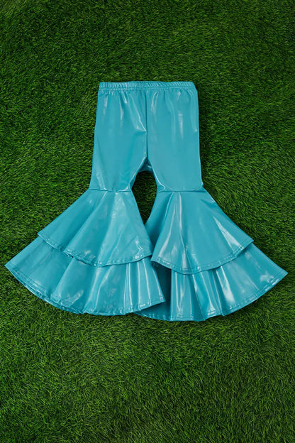 TEAL BLUE FAUX LEATHER DOUBLE LAYER BELL PANTS