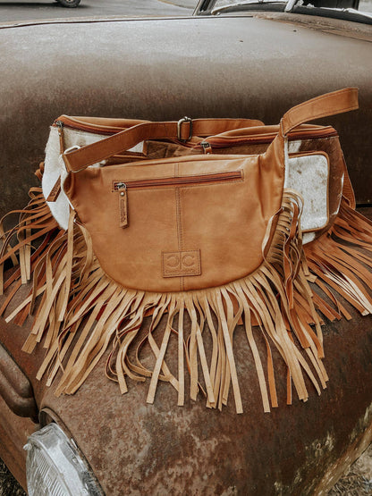 Brown Leather Cowhide Fringe Sling, Festival Bag