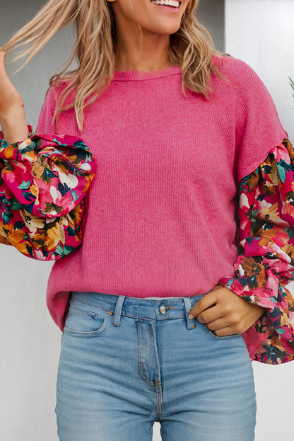 Pink Flower Patchwork Ribbed Knit Drop Shoulder Blouse