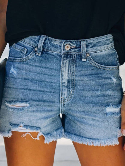 Women's Distressed Denim Shorts with Frayed Hem and Classic Five-Pocket Design