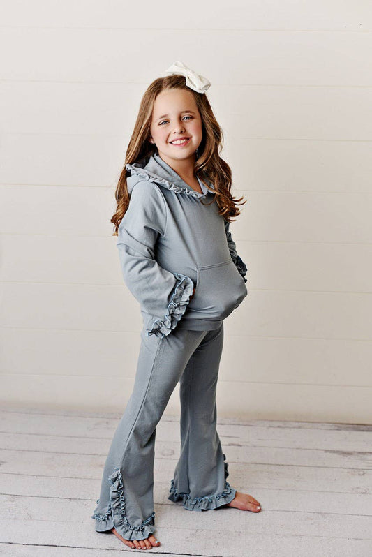 Kids Gray Hooded Ruffle Pocket Lounge Set