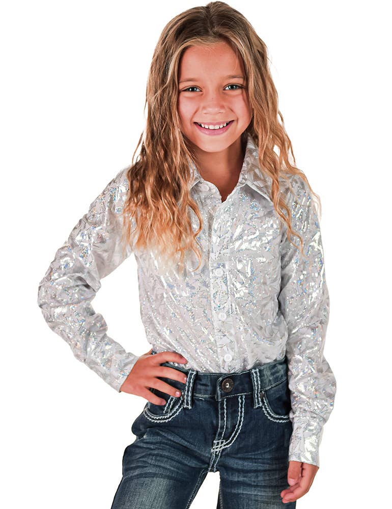 Girls White & Silver Iridescent Metallic Stretch Lightweight Pullover Button Up
