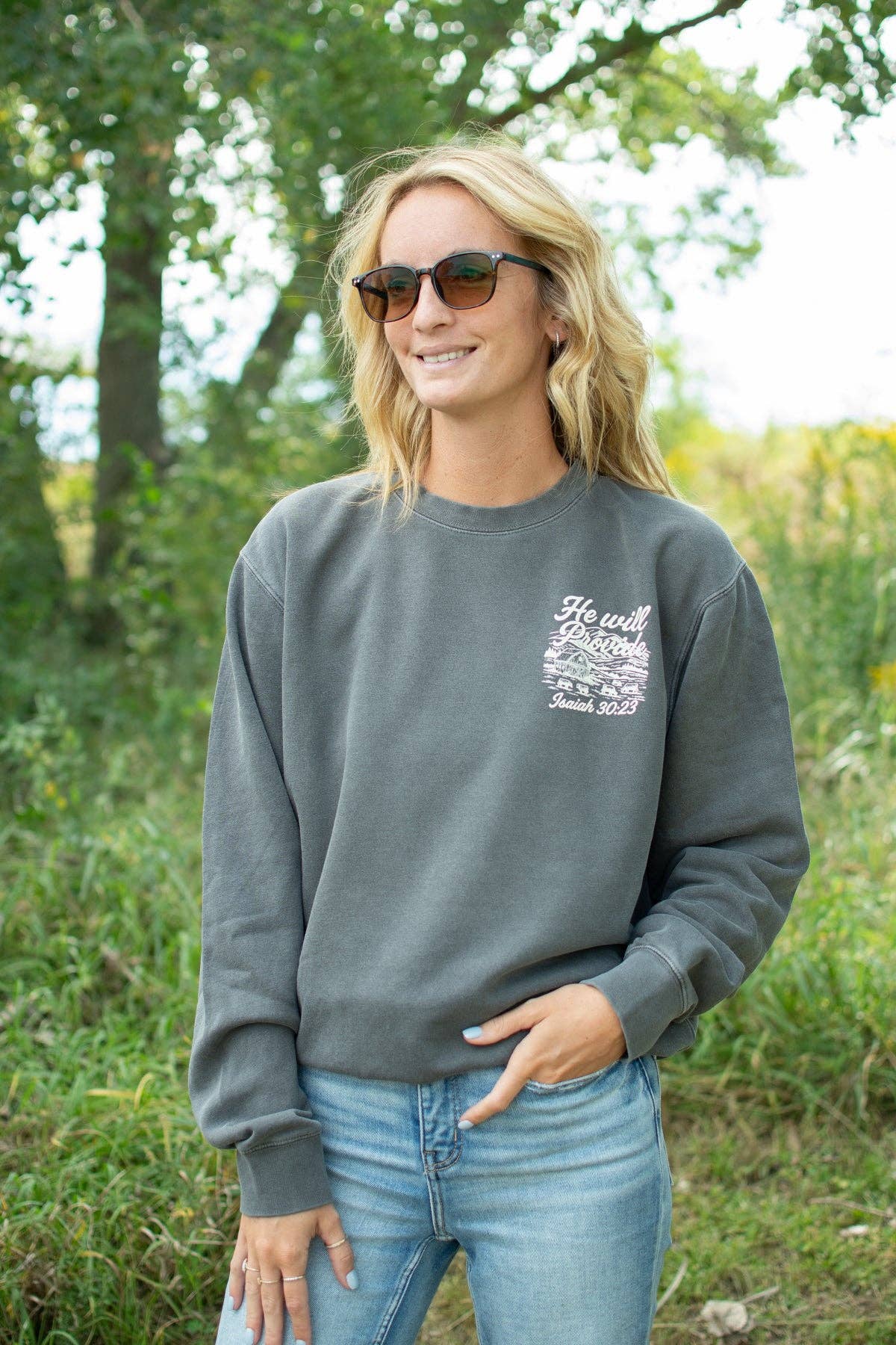 Western 'He Will Provide' Isaiah 30:23 Charcoal Crewneck