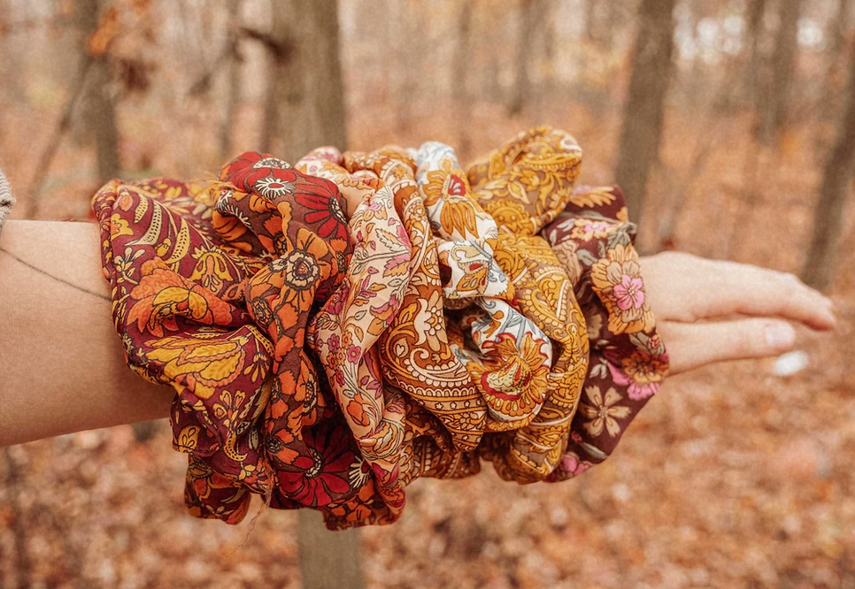 Boho Oversized Silk Floral Hair Scrunchies, Hippie Bohemian