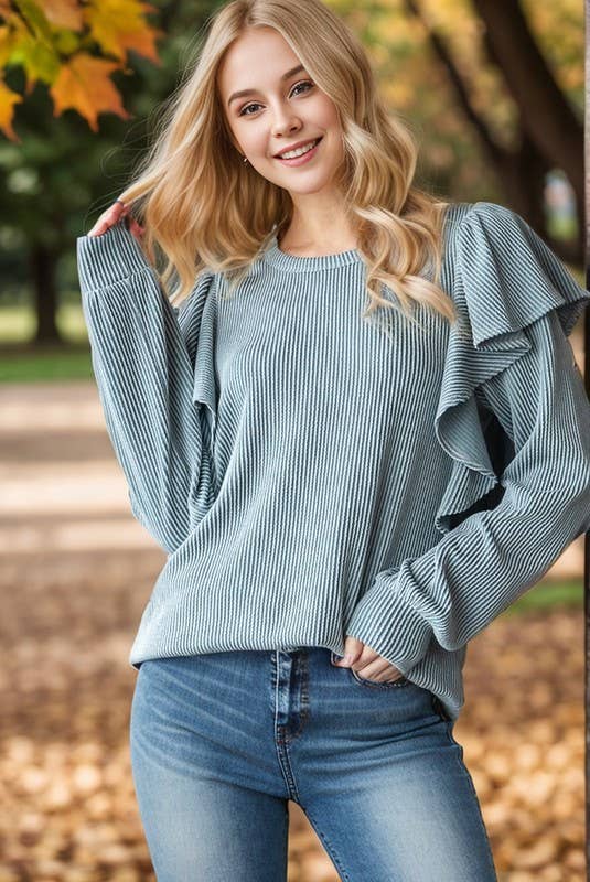 LONG RUFFLED SLEEVE SOLID RIBBED TOP