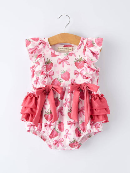 Summer Strawberry Bow Baby Girl Romper
