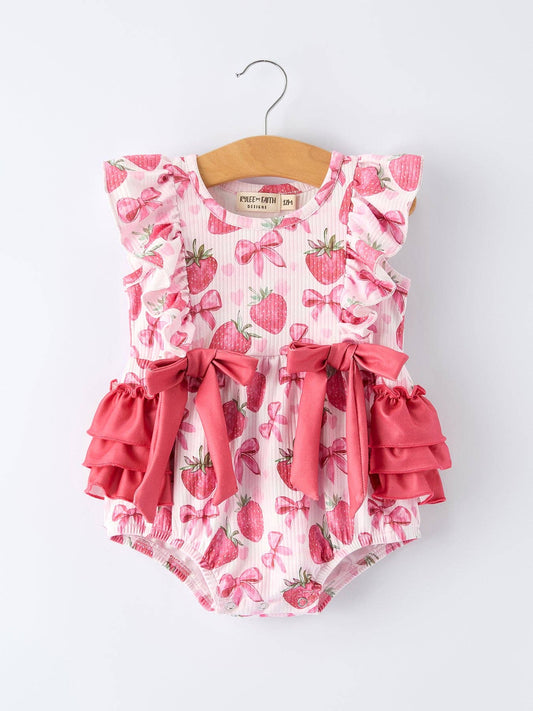 Summer Strawberry Bow Baby Girl Romper