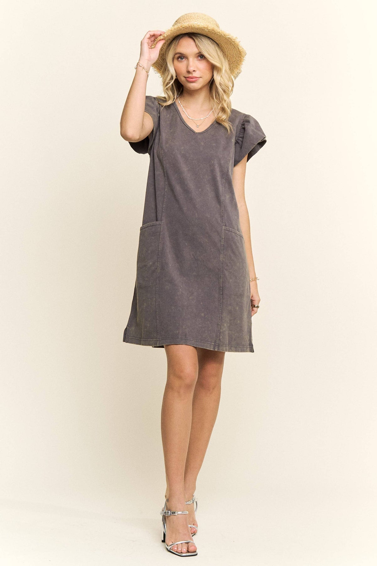 RUFFLE SLEEVES MINERAL SHIFT DRESS- LED3687WN