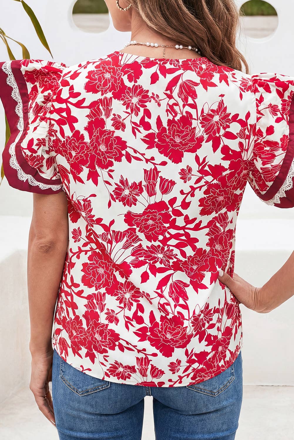 LDC Floral Block Trim Lace Detail Flutter Sleeve Blouse