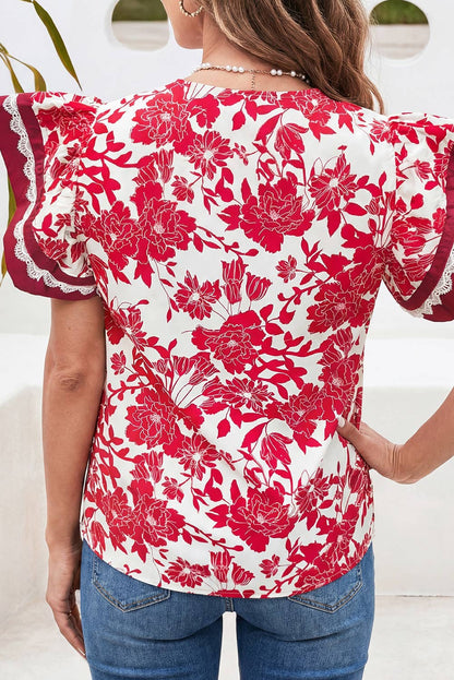 LDC Floral Block Trim Lace Detail Flutter Sleeve Blouse
