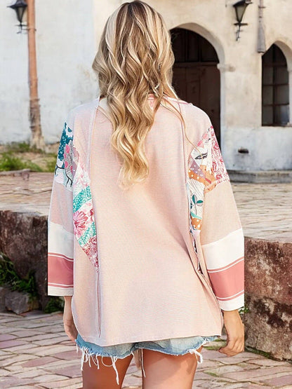 Women's Patchwork Sleeve Boho Top with 3/4 Sleeves and Relaxed Fit