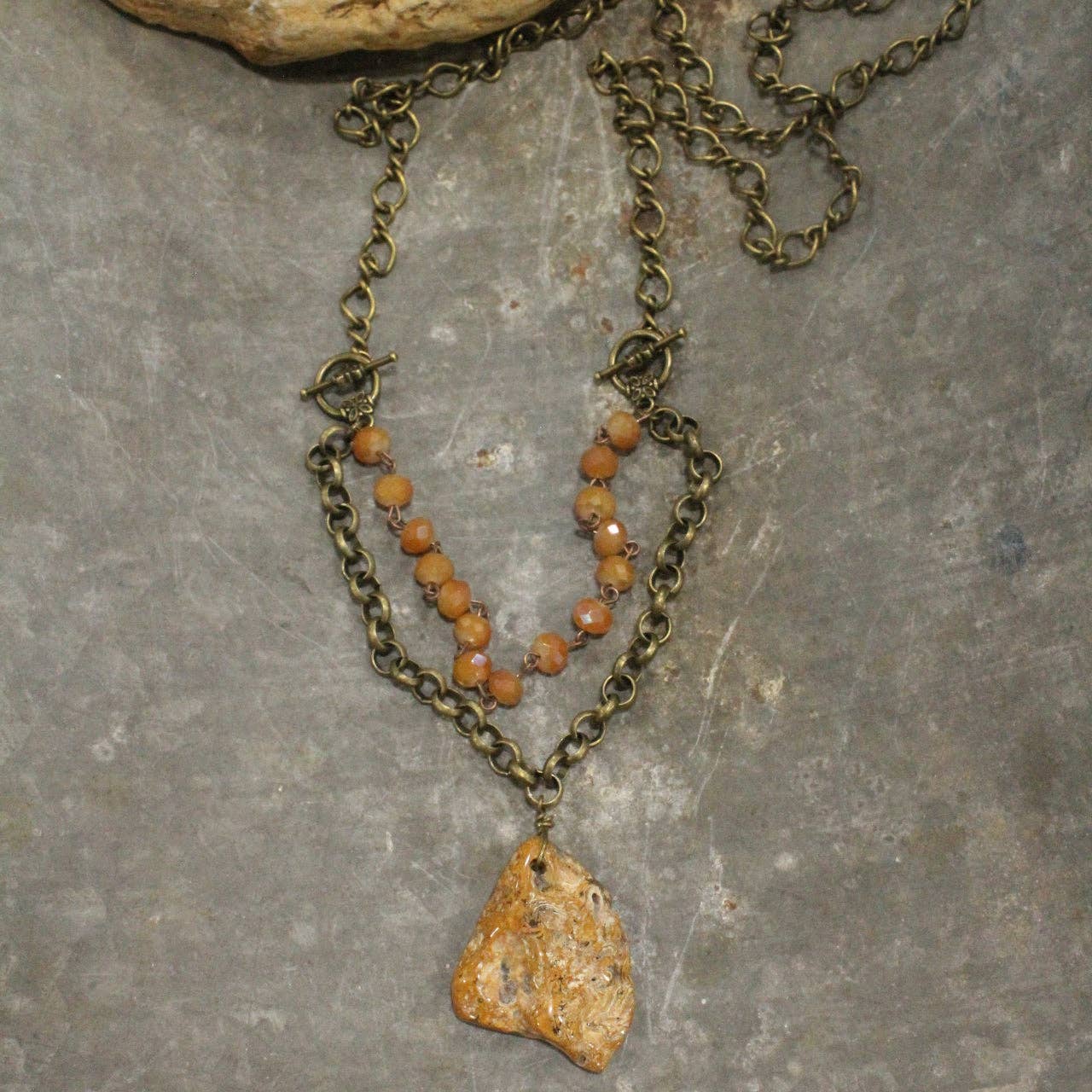 Raw Stone Pendant  Butterscotch Layered  Necklace