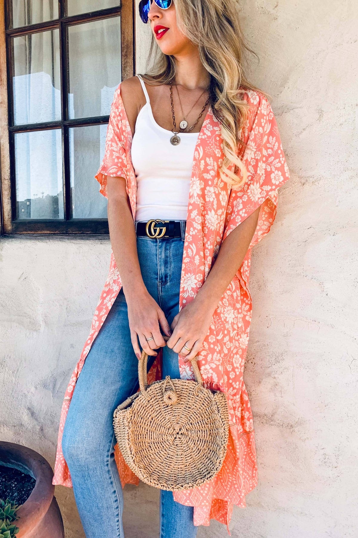 **Peach Boho Floral Ruffle Hem Lightweight Maxi Kimono CoverUp